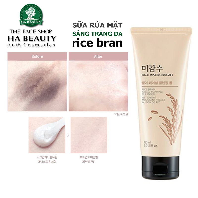 Sữa rửa mặt trắng da The Face Shop cấp ẩm Hàn Quốc có hạt Rice Water Bright Rice Bran Foaming Cleanser 150ml