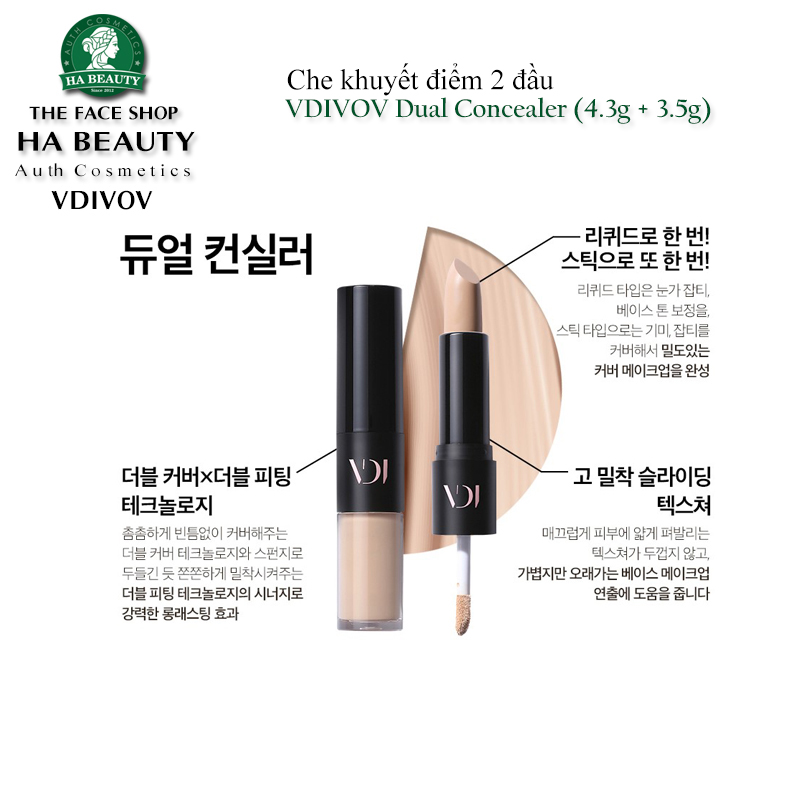 Che khuyết điểm kép 2 đầu Hàn Quốc VDIVOV Dual Concealer mỏng mịn tiện dụng che đốm nâu nám tàn nhang vết thâm