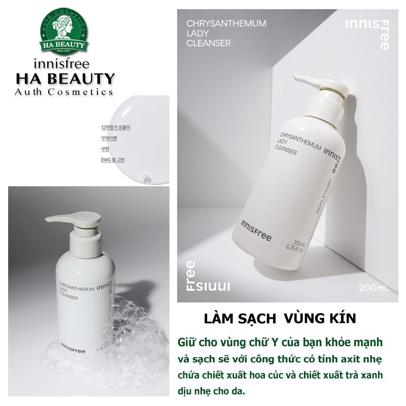 Dung dịch vệ sinh phụ nữ Sạch mịn Sáng khỏe Bikini innisfree CHYSANTHEMUM LADY CLEANSER GENTLE CARE 200mL Hàn Quốc