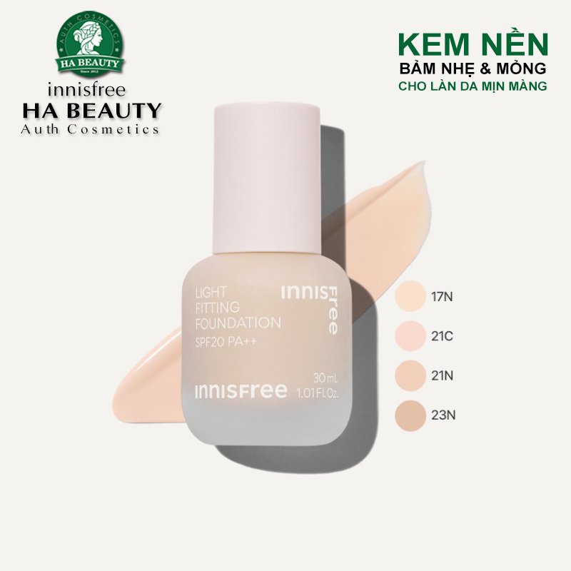 Kem nền trang điểm Bám mịn mỏng nhẹ giúp tạo ra làn da mịn màng innisfree Light Fitting Foundation SPF20 PA++30ml NEW 2023