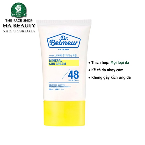 Kem chống nắng DR BELMEUR UV Derma MINERAL SUN CREAM SPF 48 PA+++ 50ml TFS – Hộp