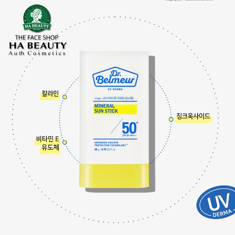 Chống nắng vật lý màng khoáng Dạng thỏi The Face Shop Dr Belmeur UV DERMA MINERAL SUN STICK SPF50+PA+++ 20g