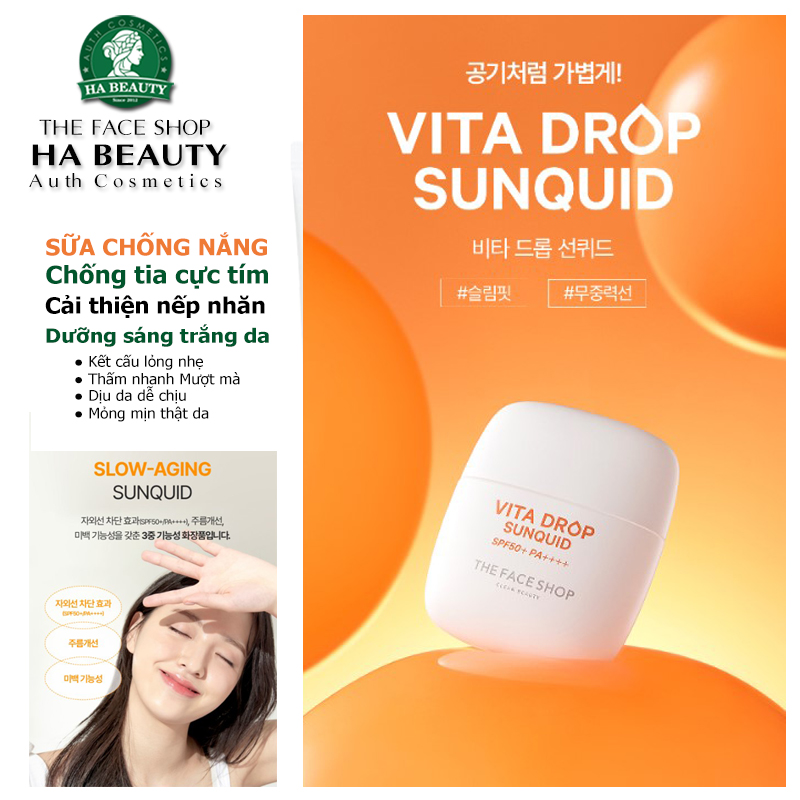 Sữa chống nắng dưỡng Sáng mịn khỏe mạnh làn da The Face Shop VITA DROP SUNQUID SPF50+ PA++++ 50ml Hàn Quốc