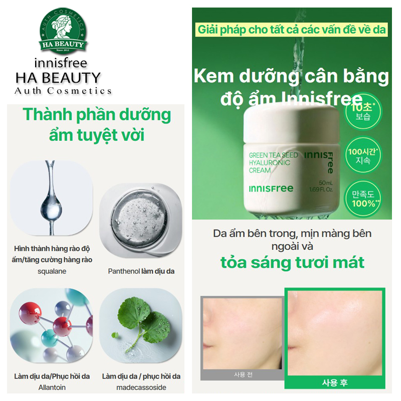Kem dưỡng ẩm trà xanh chống lão hóa innisfree Green Tea Seed Hyaluronic Cream 50ml