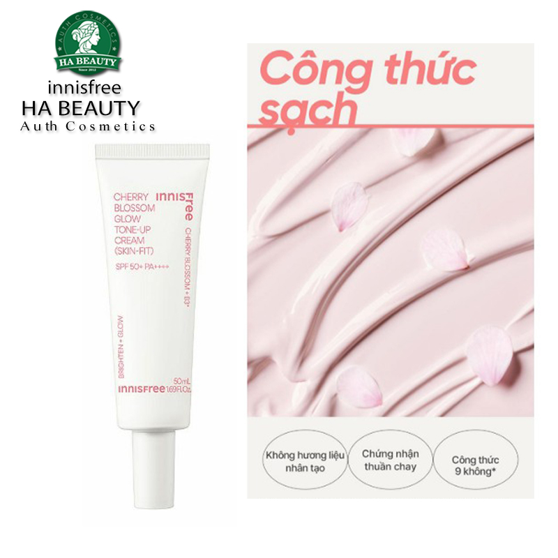 Kem dưỡng ẩm nâng tông trắng hồng da chống nắng innisfree Jeju Cherry Blossom Glow Tone Up Cream (Skin Fit) SPF50+ PA+++